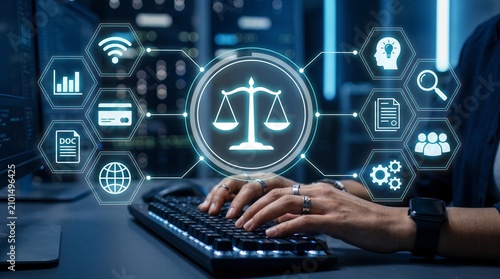 Digital law and cyber justice concept, lawyer typing on keyboard with virtual scale of justice icon