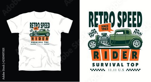 Detailed vintage hot rod coupe illustration with checkered flags and retro text for vehicle enthusiast apparel.