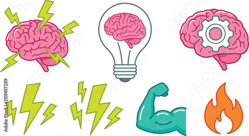 Fotografía Brainpower and Mental Strength Vector Icon Set with Lightning Brainstorm, Idea L