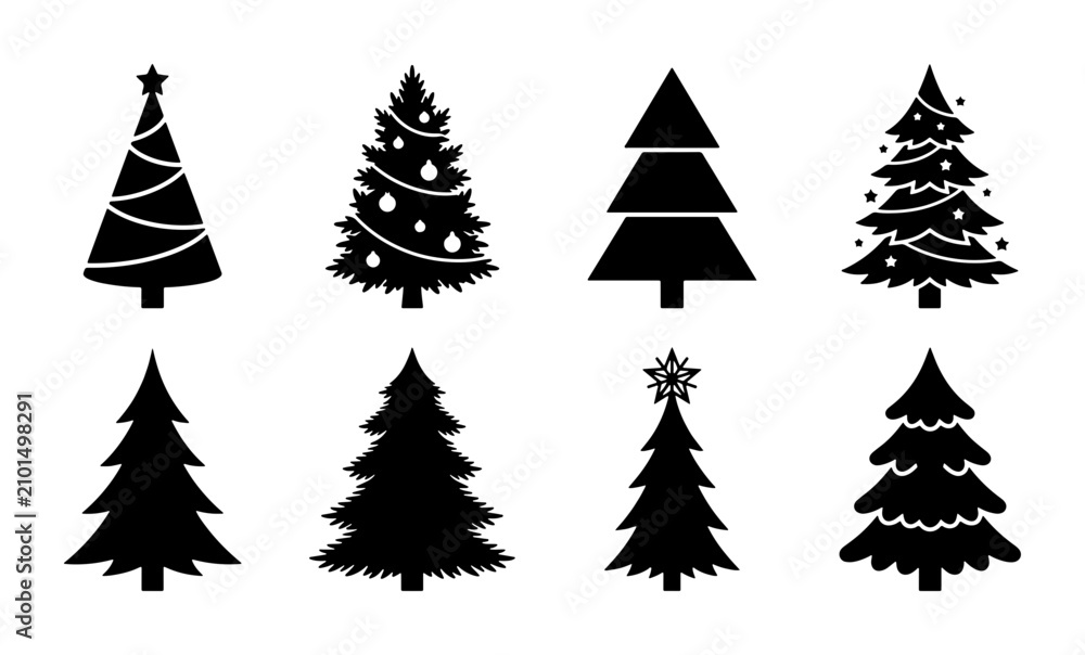 Obraz premium Christmas Tree Icons, Festive Evergreen Silhouettes, Winter Holiday Vector Set, Seasonal Celebration Graphics