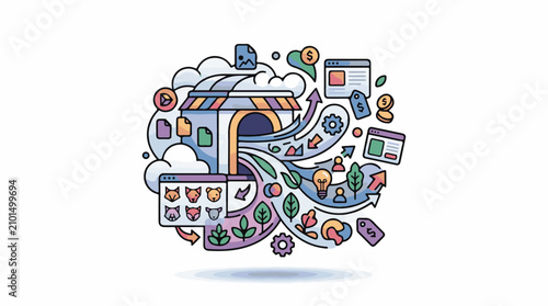 Colorful illustration of a shop with abstract elements representing growth and data