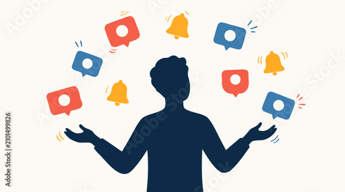 Faceless silhouette juggling colorful notification badges and ringing alert bells around their head, digital overload, social media stress, multitasking pressure and app chaos flat vector illustration