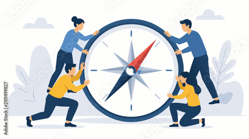 Faceless team turning a giant compass dial together to realign company direction, strategic planning, leadership alignment, collaboration and business navigation flat vector illustration