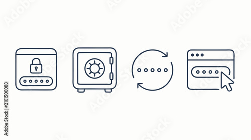 Minimalist line icon set for password manager security, encrypted vault, credential generator, sync refresh and autofill login interface with editable stroke vector styling for digital privacy
