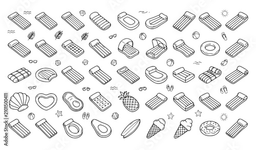 Foto Hand Drawn Inflatable Swimming Air Mattress Doodle Outline Vector Collection for