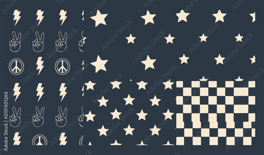 Fototapeta premium A versatile set of seamless beige and dark blue patterns featuring star motifs, a classic checkerboard design, and graphic symbols including lightning bolts, peace signs, and victory hand gestures.