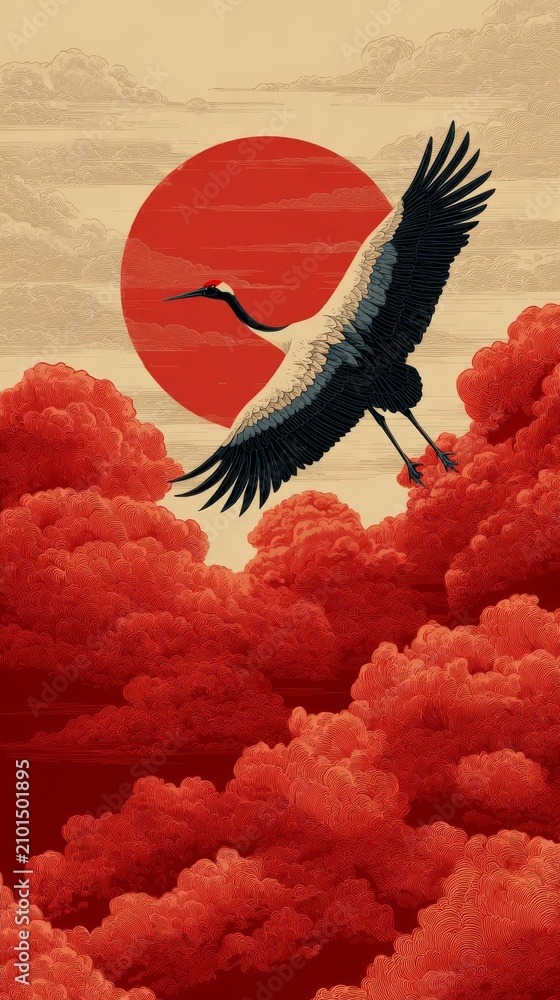 Obraz premium Elegant Oriental Crane Soaring Across Red Sky and Decorative Cloudscape