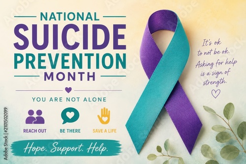 National Suicide Prevention Month graphic with teal and purple ribbon and supportive message