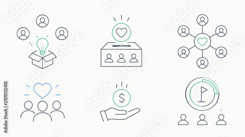 Thin line crowdfunding icon set showing backers, donation hand, funding goal meter, community hearts and idea launch box, editable stroke flat vector illustration for startup campaigns