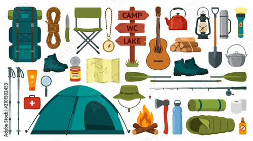 Outdoor adventure essentials: A flat lay collection of camping gear