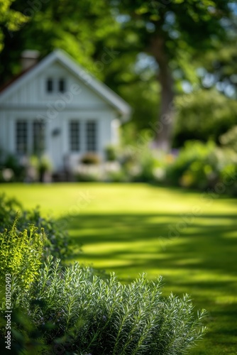 Idyllic blurred white house framed by lush green foliage and bright lawn on sunny summer day. Charming home with a beautiful garden in bloom