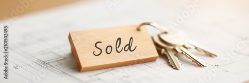 Wooden keychain with the word 'Sold' attached to set of house key, on architectural blueprint for new home or property purchase transaction