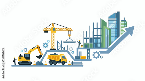 Construction site with machinery workers and rising city skyline