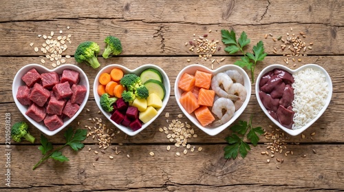 Healthy pet food ingredients in heart bowls, fresh raw dog food diet on wooden background