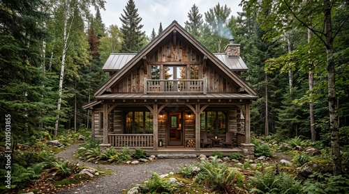 Secluded rustic wooden cabin nestled deep in a verdant forest, smoke rising from the chimney, creating a tranquil and cozy atmosphere for a peaceful natural retreat