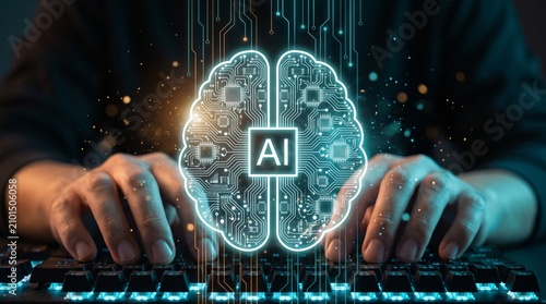 Artificial intelligence brain hologram, programmer typing on computer keyboard, AI technology
