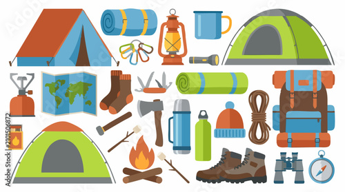 Quadro su tela Flat lay set of camping, hiking, and outdoor adventure equipment