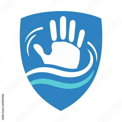 Blue Shield with White Hand and Waves