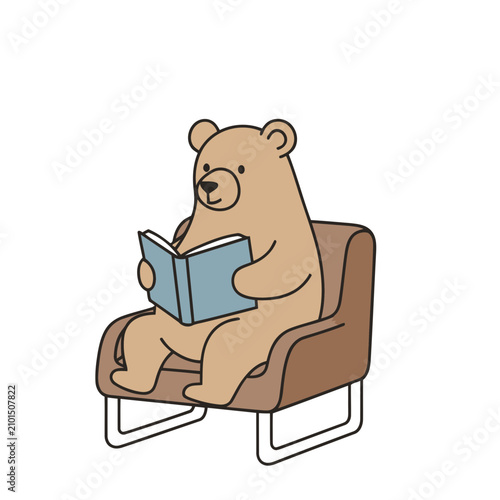 Cartoon bear sitting in a chair reading a book