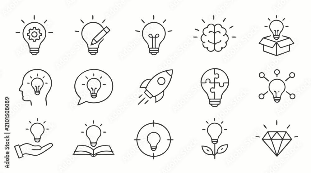 Obraz premium Innovation and creative ideas line icon set with lightbulbs, brain, rocket, puzzle, target, pencil and diamond symbols, editable stroke flat vector collection for startup strategy and brainstorming