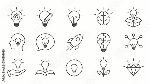 Innovation and creative ideas line icon set with lightbulbs, brain, rocket, puzzle, target, pencil and diamond symbols, editable stroke flat vector collection for startup strategy and brainstorming