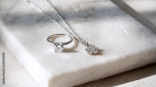 Minimalist bridal jewelry set including a solitaire diamond ring and a delicate pendant necklace on smooth white marble