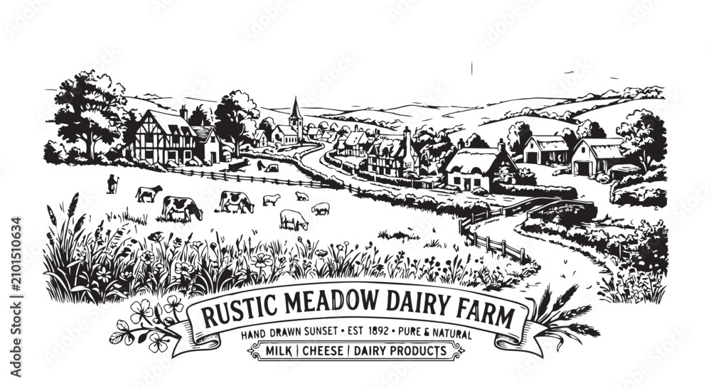 Fototapeta premium Vintage hand drawn rustic meadow dairy farm logo with rural landscape illustration landscape countryside