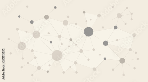 Abstract network graph vector illustration with interconnected data nodes, thin linking edges and soft neutral tones, representing big data, AI systems, cloud computing and digital connectivity