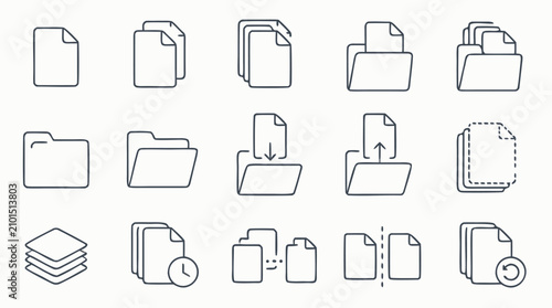 Editable stroke document management icon set with file pages, folders, version stacks, upload download actions and archive outlines for office workflows, records systems and business organization