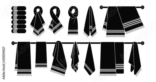 Photos Towel icons set, stylized scarf shapes, folded and hanging fabric elements, and