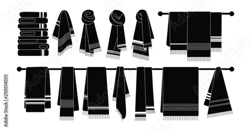 Photos Towel icons set, stylized scarf shapes, folded and hanging fabric elements, and