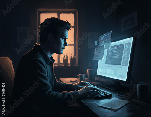Man coding at desk in dark room with lit window during evening