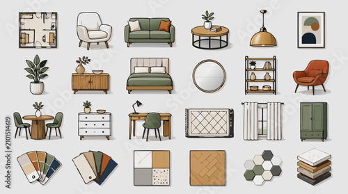 Interior design outline icon collection with floor plan, armchairs, sofa, coffee table, pendant lamp, bed, mirror, shelving, curtains, wardrobe, swatches, textures and material boards for home decor