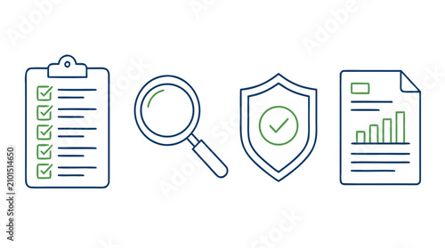 Compliance audit thin line icon set featuring checklist approvals, magnifying glass review, shield verification and report analytics, editable stroke vector elements for governance and risk workflows