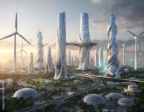 Futuristic city powered by wind energy with sustainable buildings