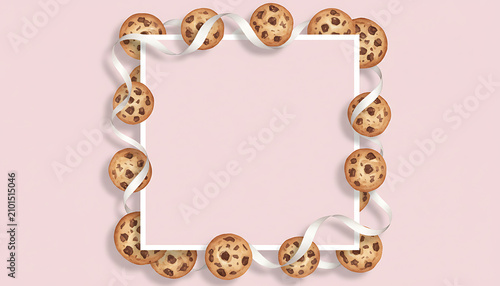Chocolate chip cookies and white ribbon border a pink background celebrating Cookie Week March 1-7