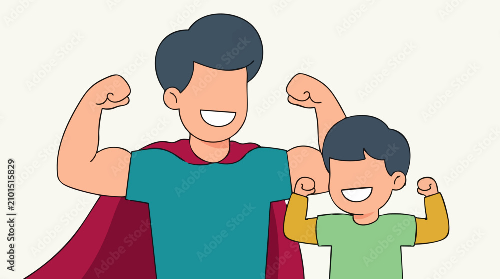 Obraz premium Happy father and son flexing muscles, superhero dad concept illustration