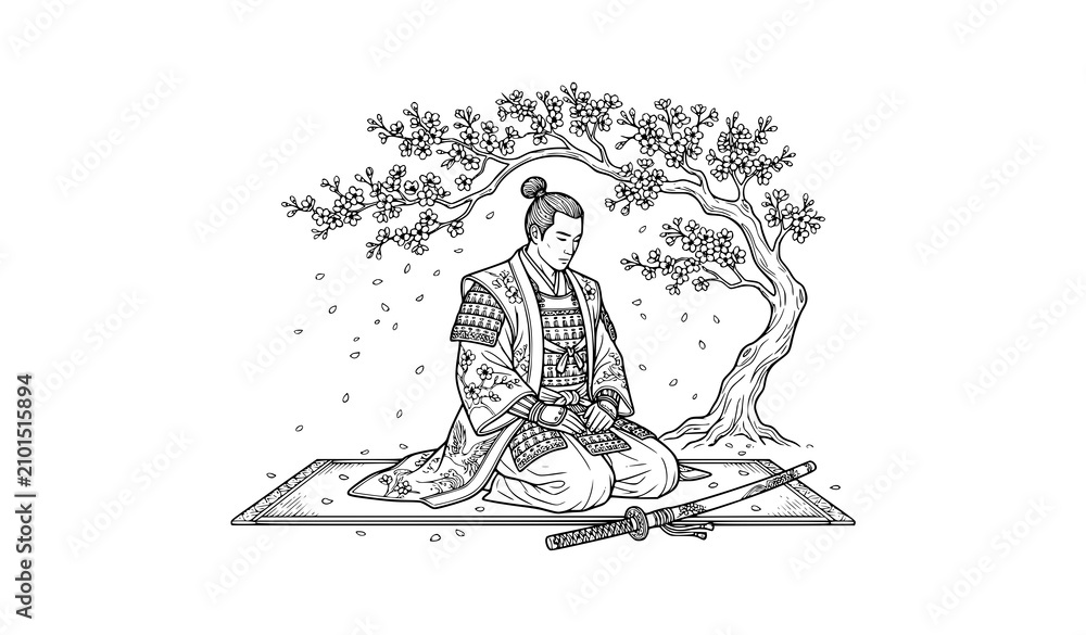 Obraz premium Minimal Japanese Samurai and Cherry Blossom Tree Line Art Vector for Cultural Design