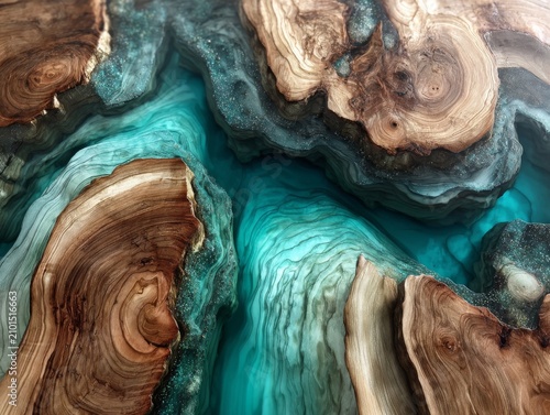 Natural Live Edge Wood Resin Artwork with Flowing Aqua Epoxy Pattern