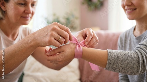 Senior women tying a pink ribbon gift bow. Elderly friends wrapping present with decorative accessory for celebration.
