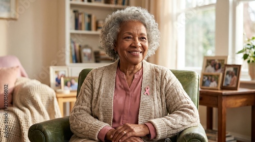 Senior woman smiling at home on a sofa. Elderly female enjoying relaxed lifestyle in cozy living room setting.