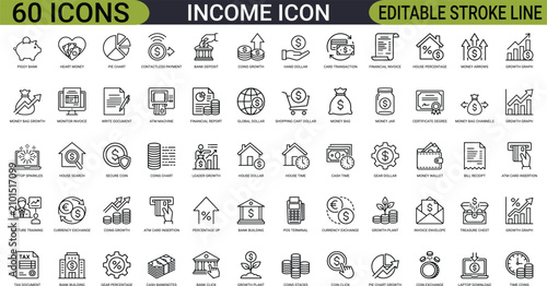 Foto Income revenue salary line art icons set, money piggy bank, financial growth cha