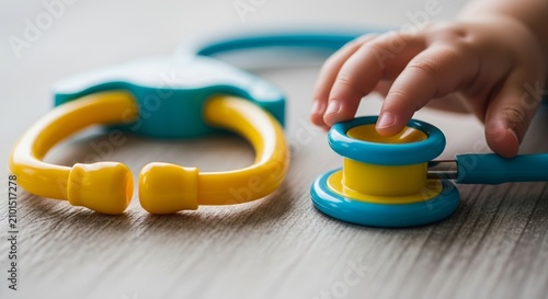 Child playing with colorful toy stethoscope and medical instruments on wooden surface. Fun child activity includes exploring pediatric doctor tools while enhancing creativity and imagination.