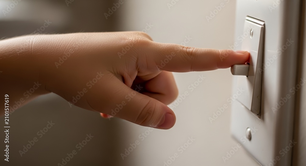 Naklejka premium Child reaching for light switch with little hand attempting to turn it on. Light switch action by child depicts curiosity and engagement in the environment.