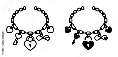 Charm Bracelet Icons, Heart Lock Key Infinity Symbols, Black and White Vector Graphics
