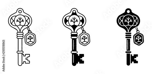 Vintage Skeleton Key Icons, Ornate Tree Emblem, Black & White Vector Set