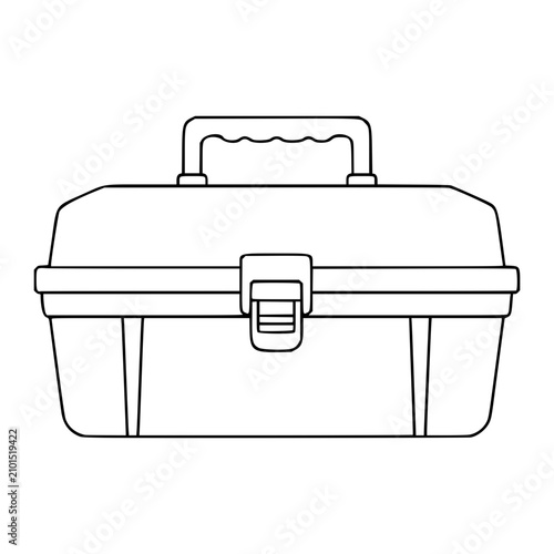 Minimalist line art vector icon of a plastic tackle box with handle and latch, hand-drawn outline illustration for fishing equipment, outdoor sports, camping gear and angling projects.