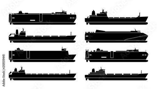 Set of 8 Black Silhouette Cargo Ships, Ro-Ro Vessels, and Freighters for Maritime Logistics