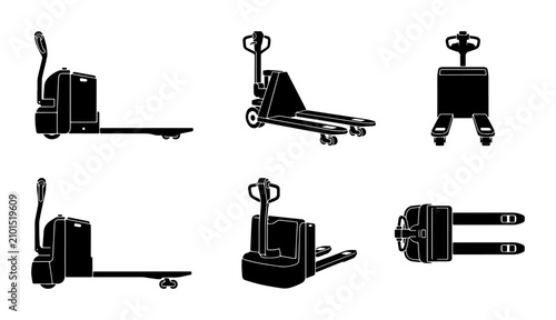 Pallet Jack Icons Set, Material Handling Equipment Silhouettes, Industrial Logistics Tools