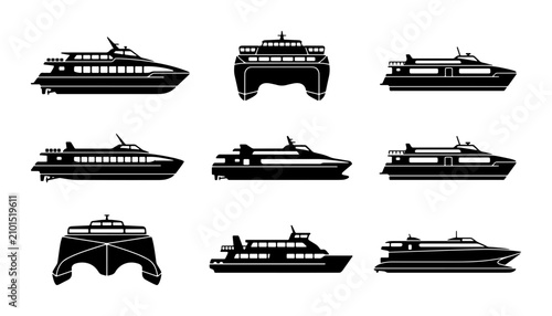 Foto Modern Ferry Boat Icons, Passenger Ship Silhouettes, Marine Transport Vector Col